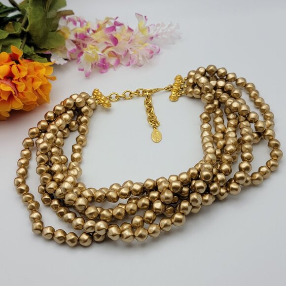 Carolee Gold Tone Multi Strand Faux Pearl Statement Necklace 19" Adj. Hook - Picture 1 of 8